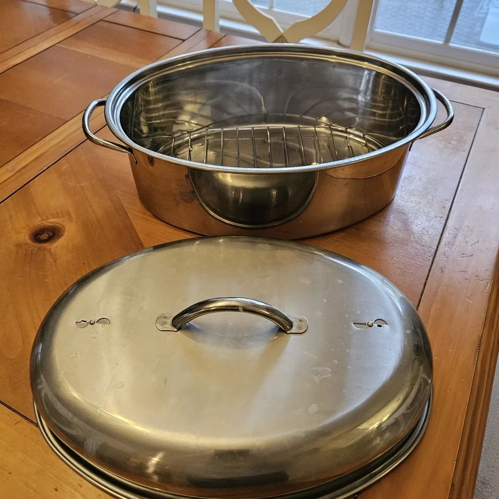 Stainless Steel Oval Roasting Ban with Wire Basket and Lid with Handles Cookware